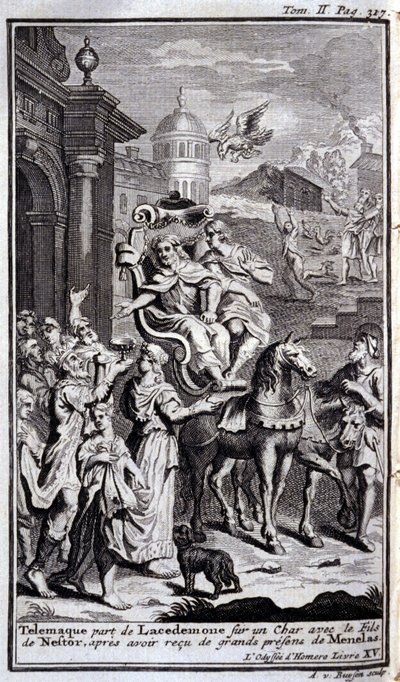 Telemachus verlaat Lacedemonië op een wagen met de zoon van Nestor na het ontvangen van grote geschenken van Menelaos. Illustratie voor boek XV van de Odyssee van Homeros, gepubliceerd in Amsterdam in 1731, privécollectie Milaan door Flemish School