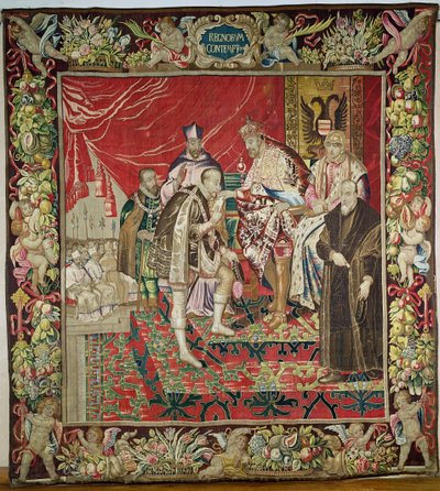 De Troonsafstand van Karel V (1500-58) uit Het Wandtapijt van Karel Quint, ca. 1630-40 door Flemish School