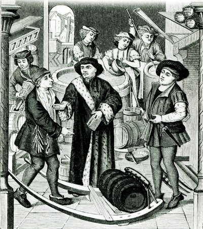 De bisschop van Doornik ontvangt de tiende van bier verleend door koning Chilperic, naar een raam van de kathedraal van Doornik door Flemish School