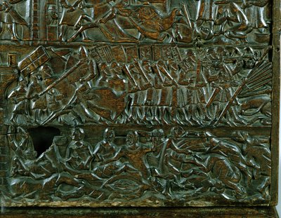 De Kortrijkse Kist met de Vlaamse slaglinie tijdens de Guldensporenslag in Kortrijk in 1302 (detail) door Flemish School