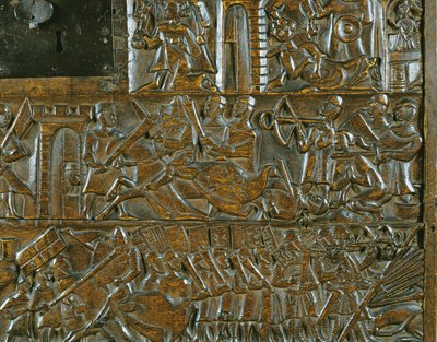 De Kortrijkse Kist met de opstand in Brugge op 18 mei, tijdens de Guldensporenslag in Kortrijk in 1302 (detail) door Flemish School