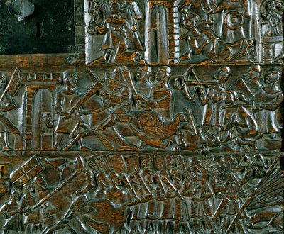 De Kortrijkse Kist met twee scènes van de Guldensporenslag in Kortrijk in 1302 (detail) door Flemish School