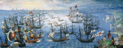 Het lanceren van Engelse branders op de Spaanse vloot bij Calais met koningin Elizabeth I (1533-1603) te paard aan de kust, in de nacht van 7 augustus 1588, ca. 1605 door Flemish School