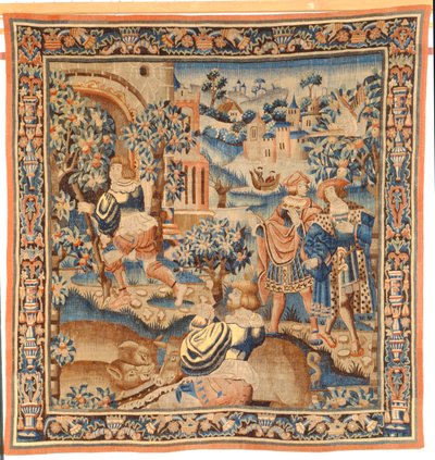 De verloren zoon die naar zijn varkens kijkt, uit een tapisserie serie met de parabel van de Verloren Zoon door Flemish School