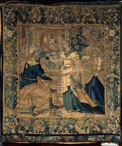 De universiteitscollecties. Vlaamse wandtapijt. Dochters van Jethro vertellen hun vader over het ontmoeten van Mozes. Oudenaarde. Ca 1550 door Flemish School