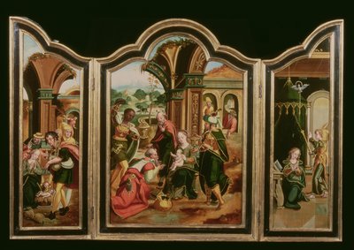 Drieluik: De aanbidding der wijzen (middenpaneel), Annunciatie (linkerpaneel), Aanbidding van de herders (rechterpaneel) door Flemish School