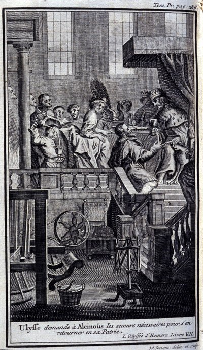 Ullysse vraagt Alcinous om de nodige hulp om naar zijn vaderland terug te keren. Illustratie voor boek VII van de Odyssee van Homeros, gepubliceerd in Amsterdam in 1731, privécollectie Milaan door Flemish School