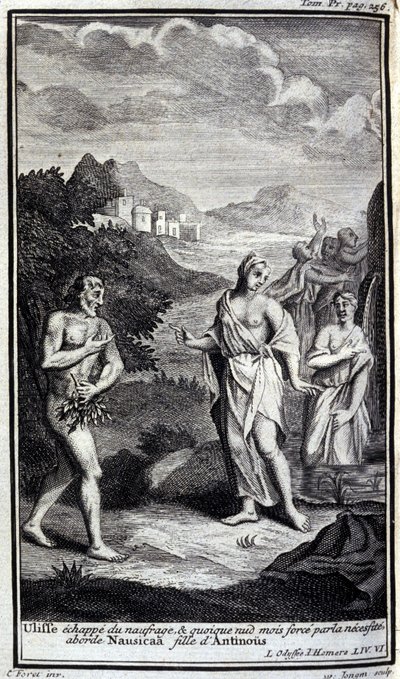 Ulysses ontsnapt aan het schipbreuk, en hoewel naakt maar gedwongen door noodzaak nadert hij Nausicaa, dochter van Antinous. Illustratie voor boek VI van de Odyssee van Homerus, in de Odyssee, gepubliceerd in Amsterdam in 1731, Milaan. door Flemish School