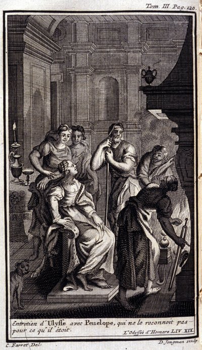 Ulysses gesprek met Penelope, die hem niet herkent. Illustratie voor boek XIX van de Odyssee van Homeros, gepubliceerd in Amsterdam in 1731, privécollectie Milaan door Flemish School