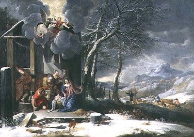 Winterlandschap met Geboorte door Flemish School