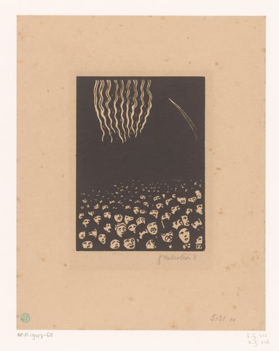 Groep mensen kijkend naar vuurwerk door Félix Edouard Vallotton (signed by artist)