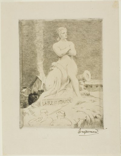 Het standbeeld van het verzet door Falguière, plaat vier van Het beleg van Parijs, 1870 door Félix Henri Bracquemond