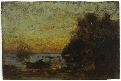 Boot en zeilboten, zonsondergang. Op de keerzijde: Marine door Félix Ziem