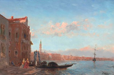 Personages die een paleis verlaten, Canal della Grazia door Félix Ziem