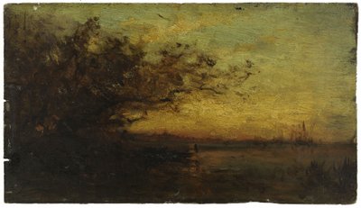 Water, ondergaande zon. Op de keerzijde: Twee studies door Félix Ziem