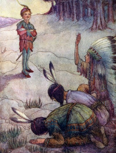 Indianen groeten Peter Pan, als Grote Witte Vader door Flora White