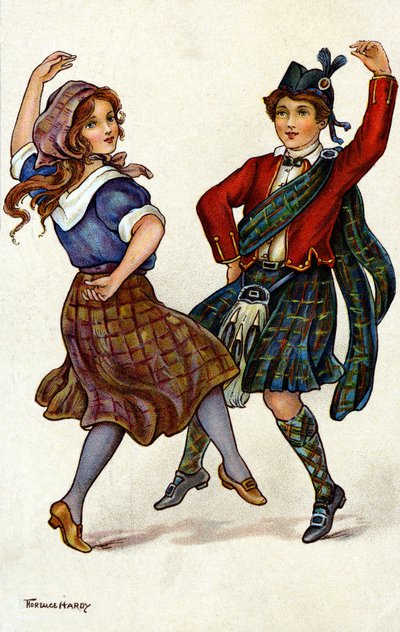 Koppel dansend in traditionele Schotse kostuum. Chromolithografie door Florence Hardy door Florence Hardy