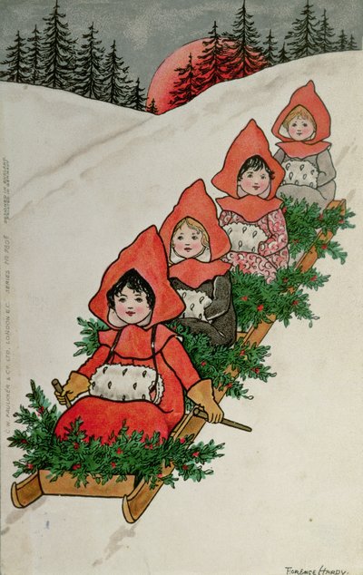 Vier kleine meisjes op een slee (kleur lithografie) door Florence Hardy