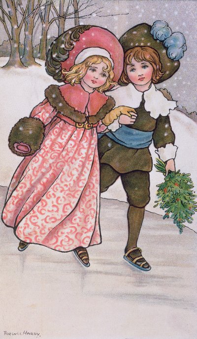 Meisje en jongen schaatsen, eind 19e of begin 20e eeuw door Florence Hardy