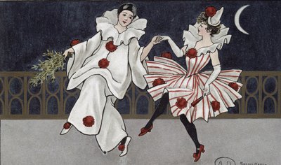 Ansichtkaart met Pierrot en zijn metgezel, ca. 1900 door Florence Hardy