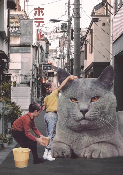 Kinderen wassen een gigantische kat in de straten van Tokio door Florent Bodart