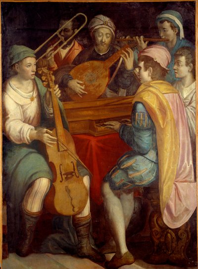 Concert. Luitmuzikanten, epinette, trombone en viola da gamba. Anoniem schilderij van de Florentijnse School 1550-1600 door Florentine School