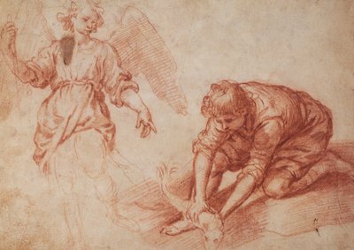 Tobias en de engel (rood krijt) door Florentine School