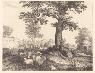 Herder en kudde onder een oude boom door Florian Grospietsch