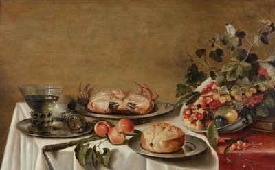 Stilleven met fruit, krab en brood door Floris Gerritsz van Schooten