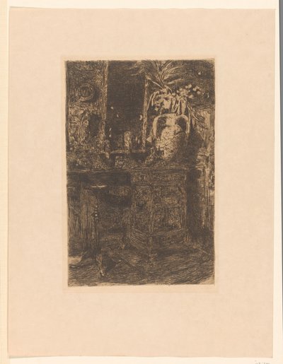 Atelierinterieur met kachel, schouw en bloemenvaas door Floris Verster