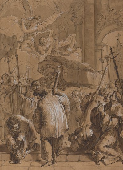 Begrafenisstoet van een Heilige met Engelen door Follower of Francesco Fontebasso