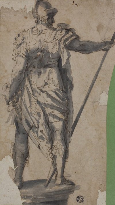 Standbeeld van een staande krijger, van achteren door Follower of Francesco Salviati