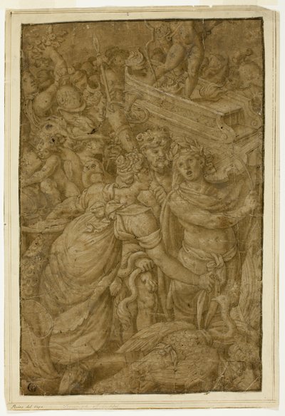 Cupido in triomfwagen, vergezeld door goden en godinnen door Follower of Giulio Romano