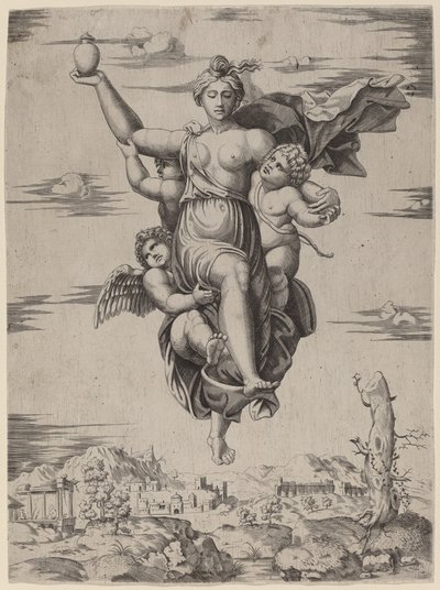 Psyche naar Olympus gedragen door Follower of Marcantonio Raimondi after Raphael