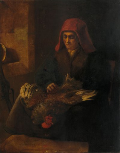 Oude vrouw die een vogel plukt door Follower of Rembrandt van Rijn