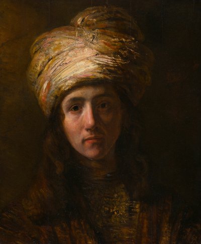 Jonge Man met een Tulband door Follower of Rembrandt van Rijn