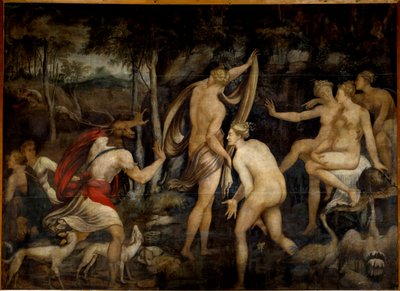 Diana (Artemis), godin van de jacht, en Acteon, jager door Fontainebleau School