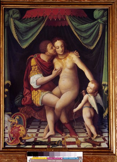 Venus en Mars. Afbeelding van de twee godheden die kussen. Schilderij van de School van Fontainebleau, 16e eeuw door Fontainebleau School
