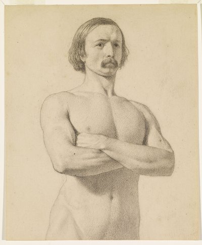 Mannelijk naakt - Academische naaktstudie, halflang met snor en gevouwen armen door Ford Madox Brown