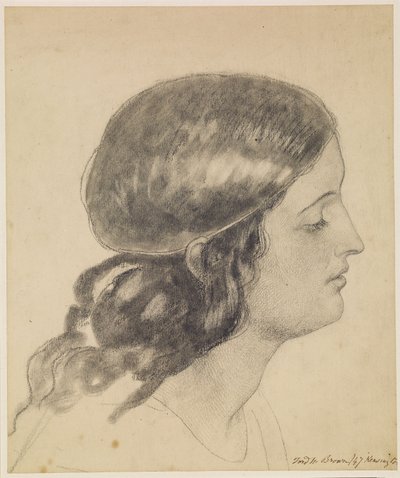 Oure Ladye van zaterdagavond - Studie van het hoofd van een engel met een kom water in de hand door Ford Madox Brown
