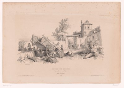 Boerderij met waterput, hooiwagen en diverse figuren door Fortuné Ferogio