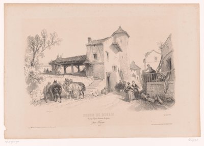 Dorpsstraat met paarden en diverse figuren door Fortuné Ferogio