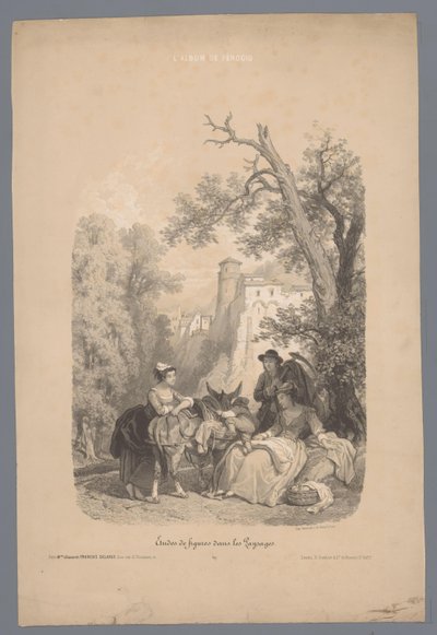 Gezelschap met een ezel voor een Italiaans bergdorp Studies van figuren in een landschap L