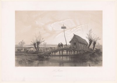 Moeraslandschap met koeien en figuren bij een huis met brug door Fortuné Ferogio