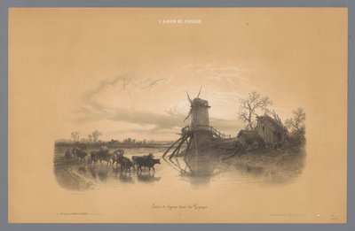 Molen met mensen en dieren die door het water waden door Fortuné Ferogio