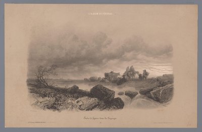 Reizigers en koeien aan een beek in een landschap door Fortuné Ferogio