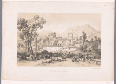 Zicht op een dorp met beestenmarkt in een vallei door Fortuné Ferogio