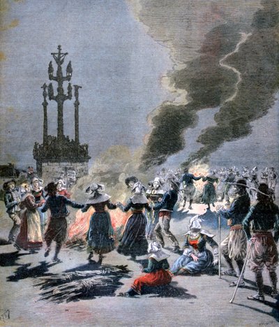 Vreugdevuren aangestoken om de zomerzonnewende te vieren in Bretagne, 1893 door Fortuné Méaulle