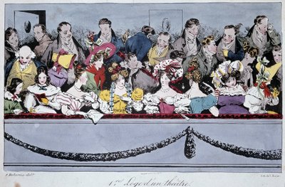 De 1e loge van een theater in de 19e eeuw - lithografie door Fortune (after) Delarue
