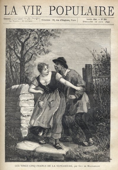 Een boerenpaar, de man in een blouse en klompen, springt de jonge vrouw die hem met een glimlach en licht terugduwt. Illustratie door E. Bertin voor Les vijfentwintig francs de la superieure door Guy de Maupassant (1850-1893). Gravure door Fortune Meaulle  door Fortune Louis Meaulle